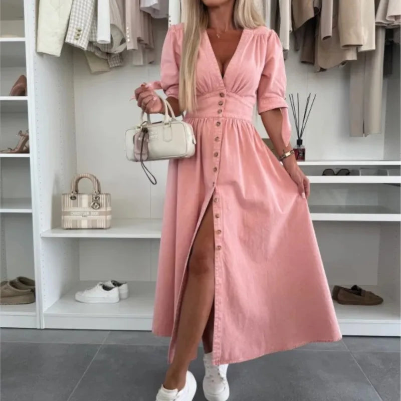 Women Dresses: V Neck Denim Dress - Elegant Style | Salman Store