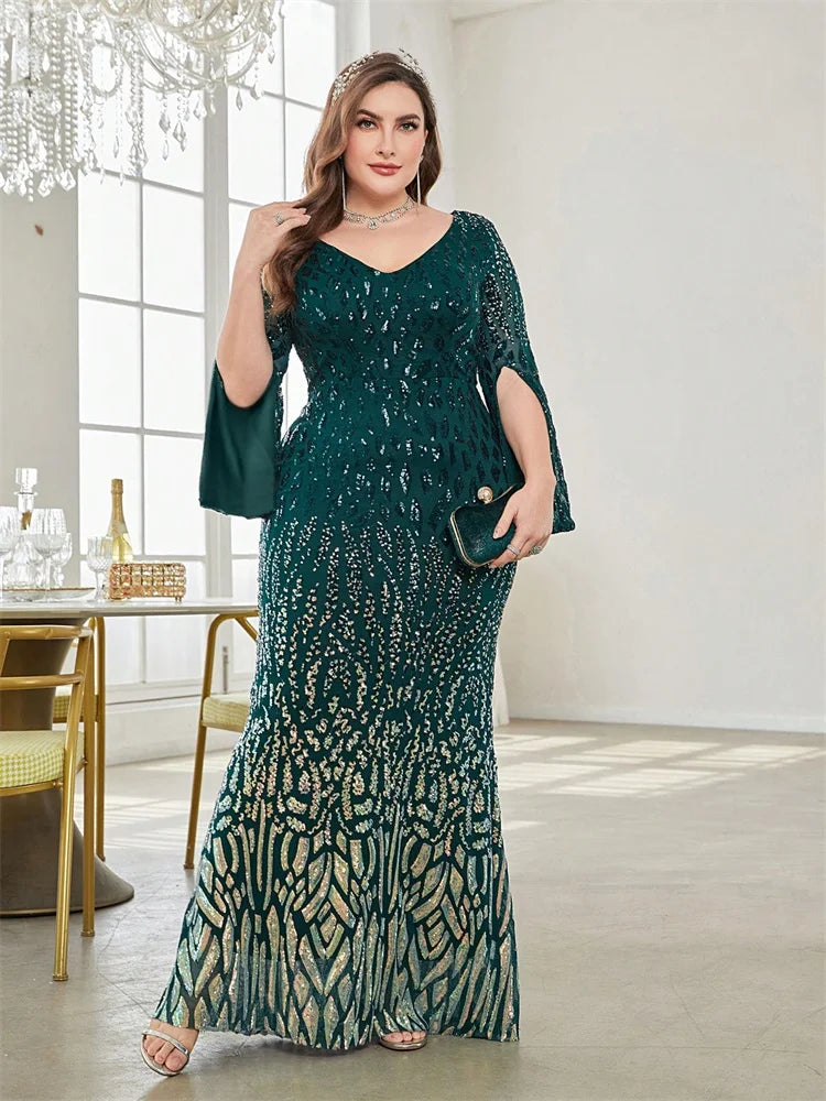 Plus Size Black Sequin Long Sleeve Evening Dress 2025 Luxury Prom - JStorehub 
