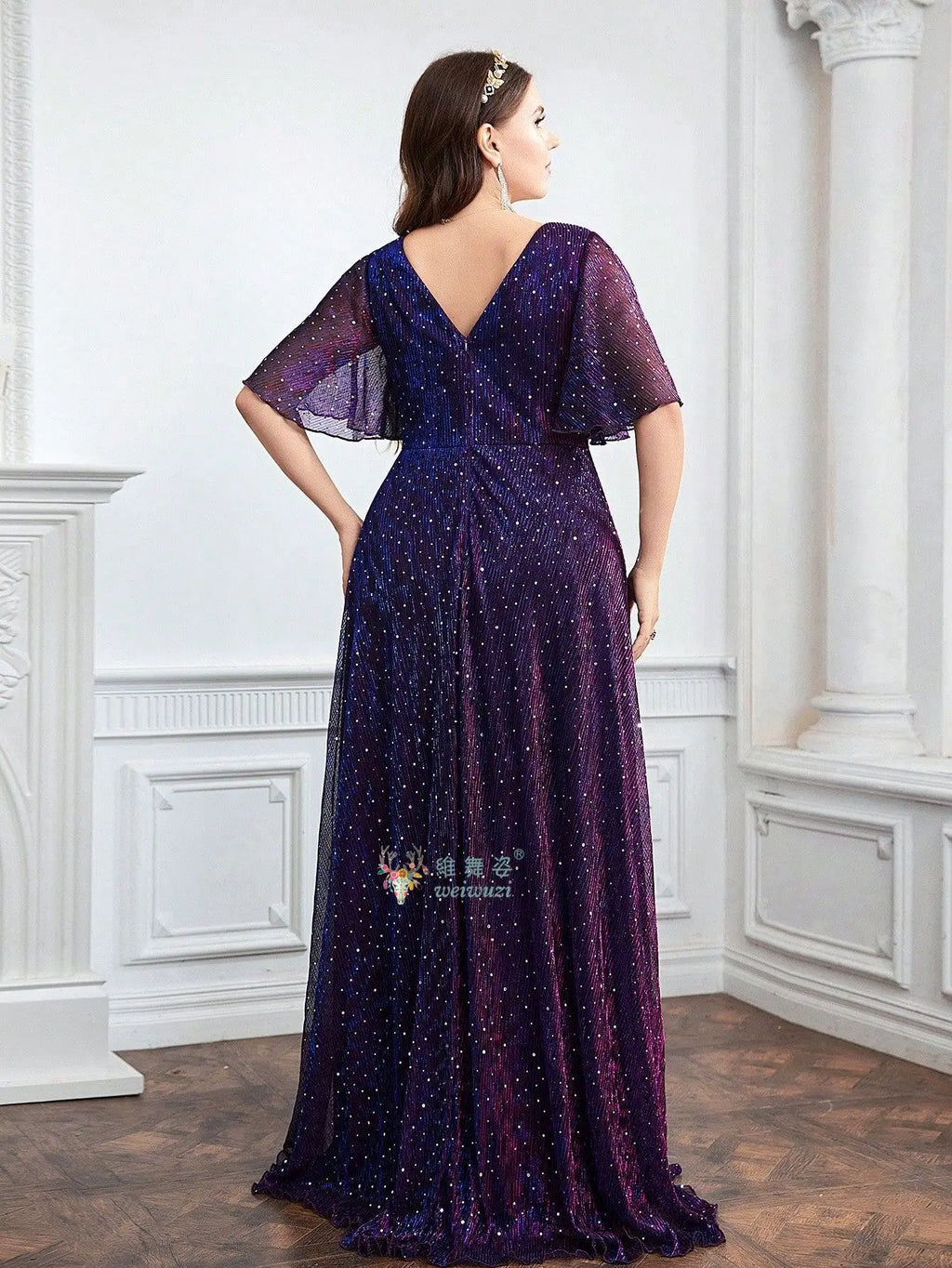 Plus Size Purple A-Line Evening Dress - Deep V-Neck Waist Cinched Rhinestone Gown - JStorehub 