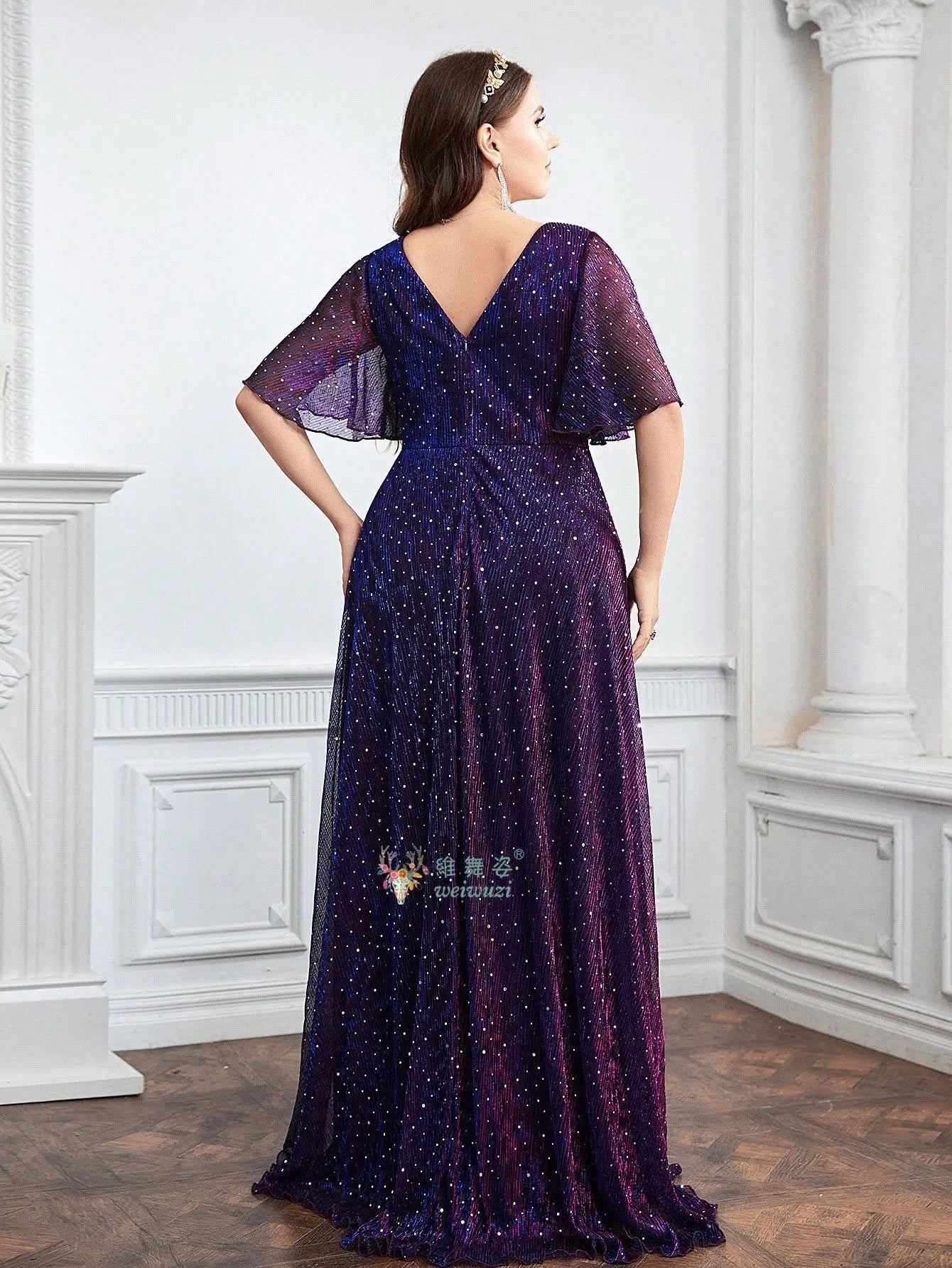 Plus Size Purple A-Line Evening Dress - Deep V-Neck Waist Cinched Rhinestone Gown - JStorehub 