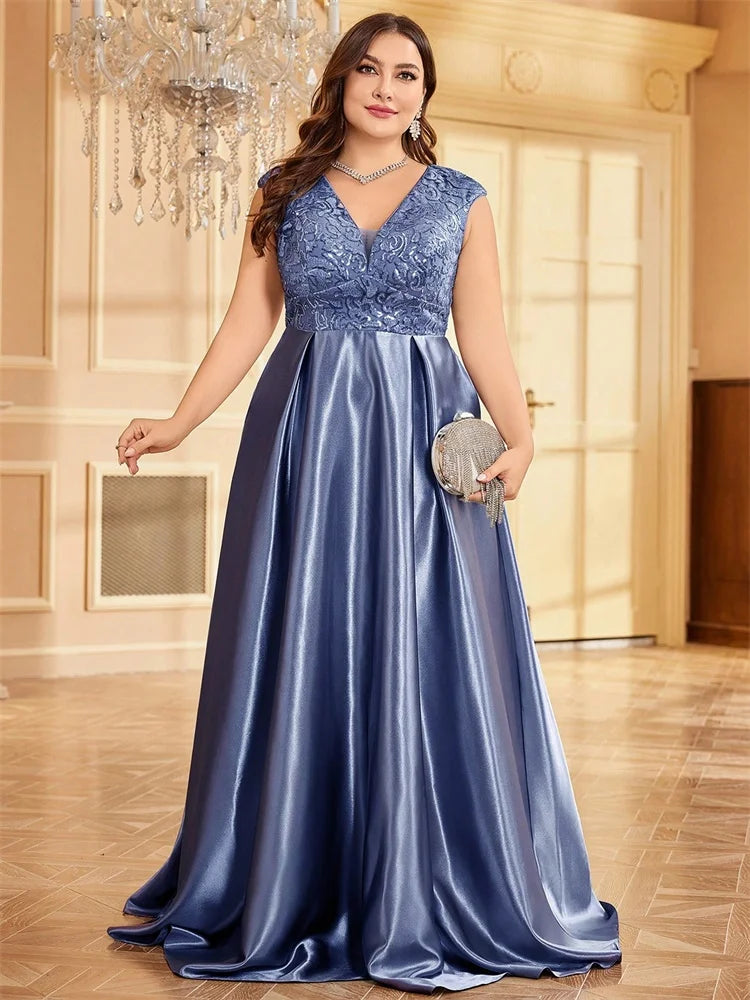 Blueplum Plus Size Gold Satin V-Neck Sequin Evening Dress 2025 - JStorehub 