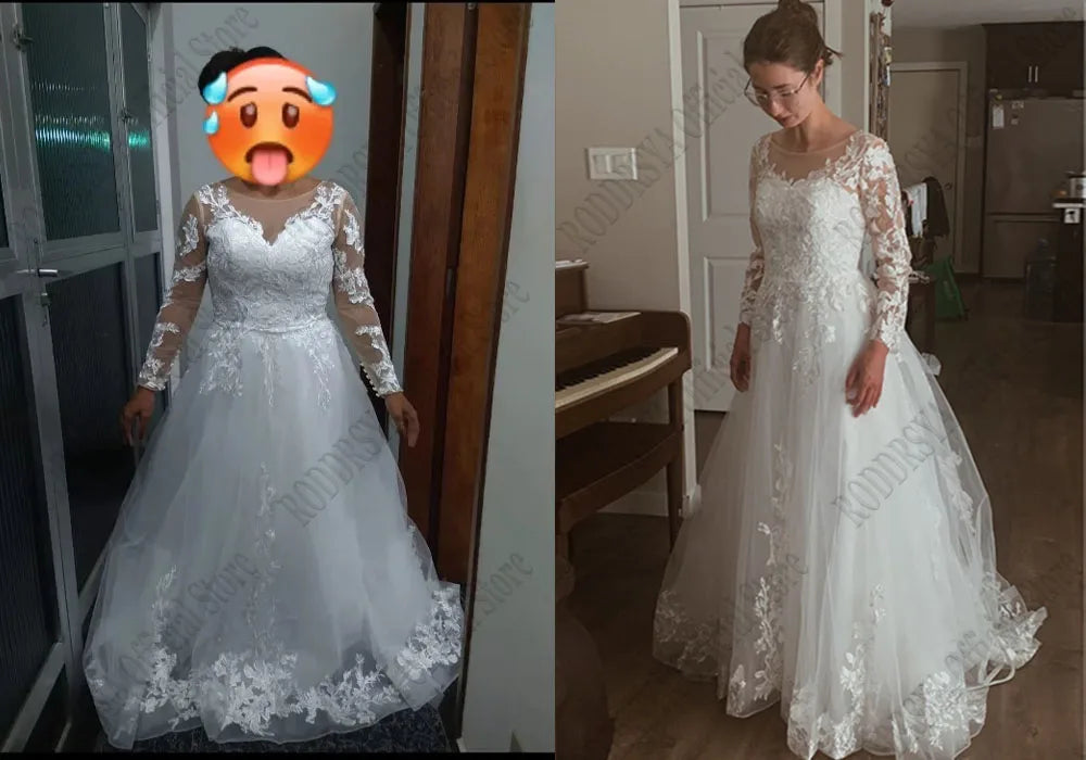 Elegant O-Neck Wedding Dress - Lace-Up A-Line Applique Tulle Long Sleeve Gown - JStorehub 