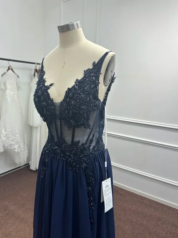 Navy Blue Beaded A-Line Evening Dress - Spaghetti Straps Illusion Prom Gown - SalmanStore 