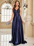 Elegant Sequin Evening Dress for Women - Deep V-Neck Satin Prom Gown 2024