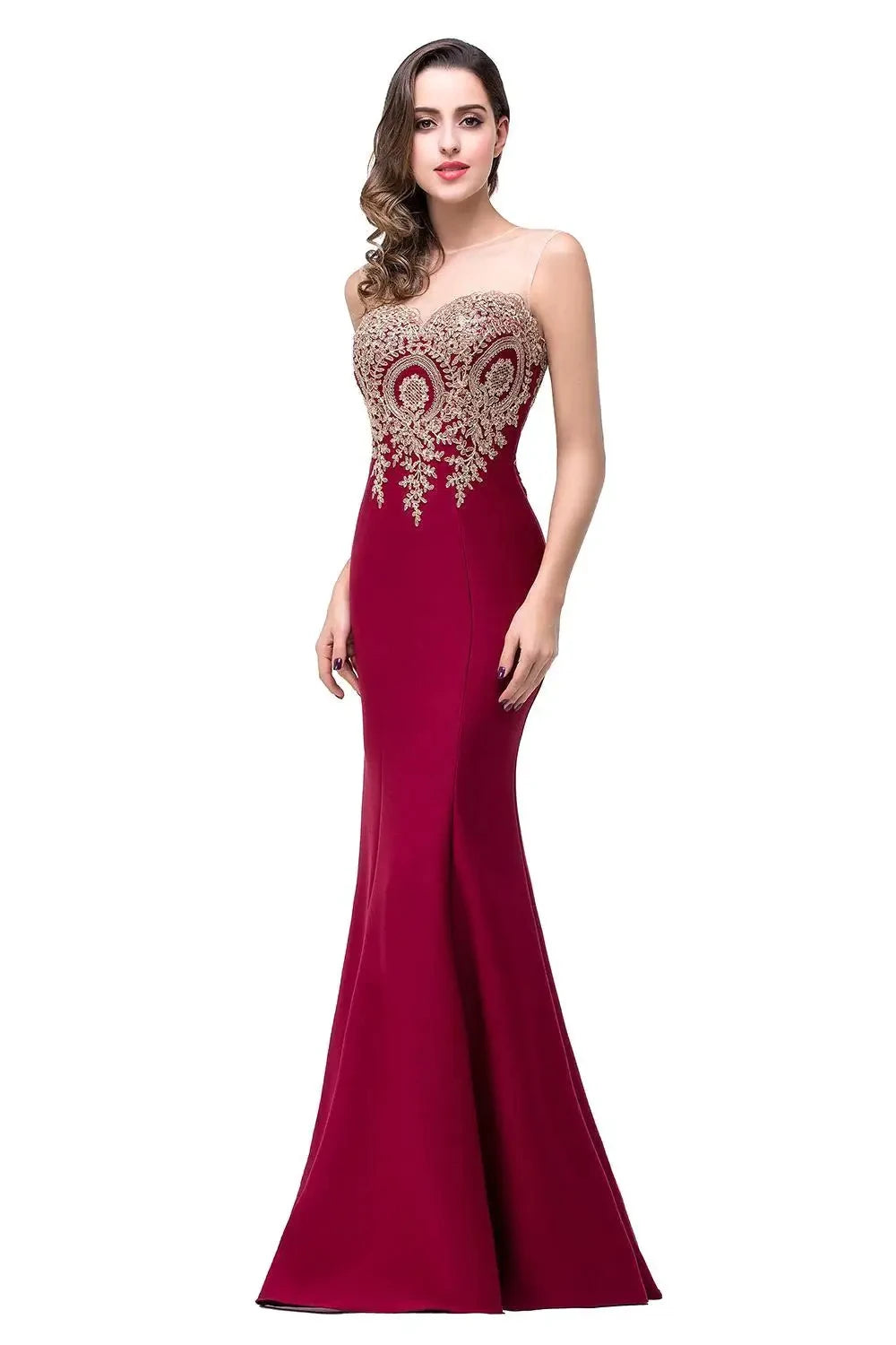Golden Appliques Lace Mermaid Evening Dress - Sweetheart Illusion Prom Gown