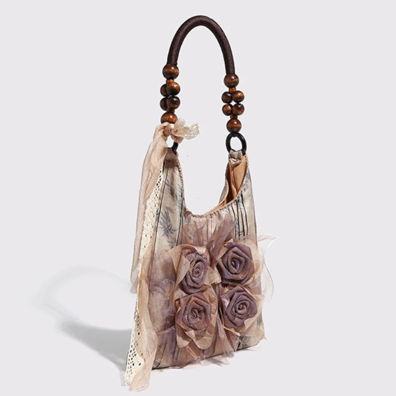 Chinese Style Rose Decor Shoulder Bag - Classic Pleated Commuter Tote Bag - JStorehub 