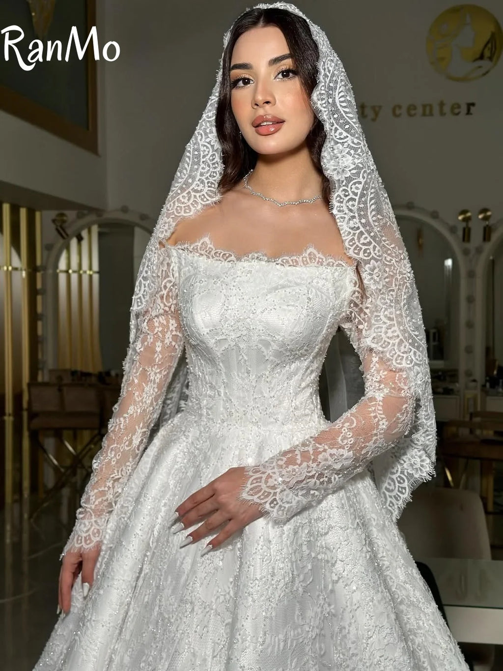 Exquisite Long Sleeve Sparkly Wedding Dress - Off Shoulder Backless Ball Gown - JStorehub 