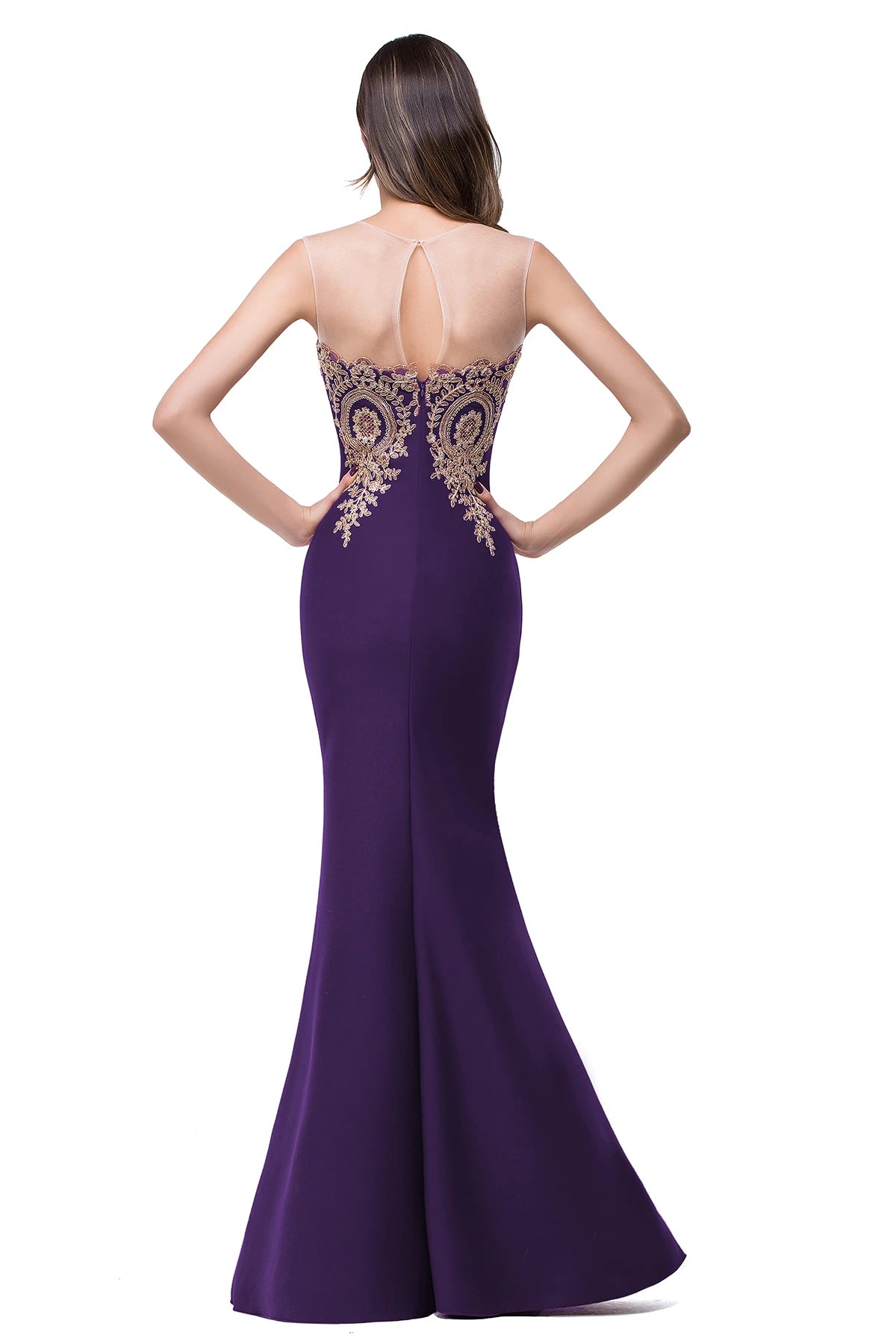 Royal Blue Mermaid Evening Dress with Golden Appliques Lace - Prom Wedding Gown - SalmanStore 