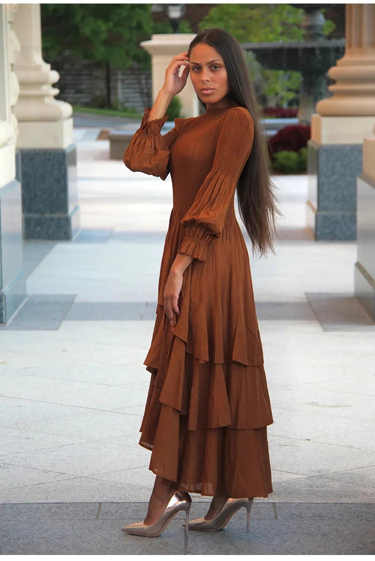 Miyake Pleated Lantern Sleeve Dress - Solid Color Lotus Edge Long Skirt - JStorehub 