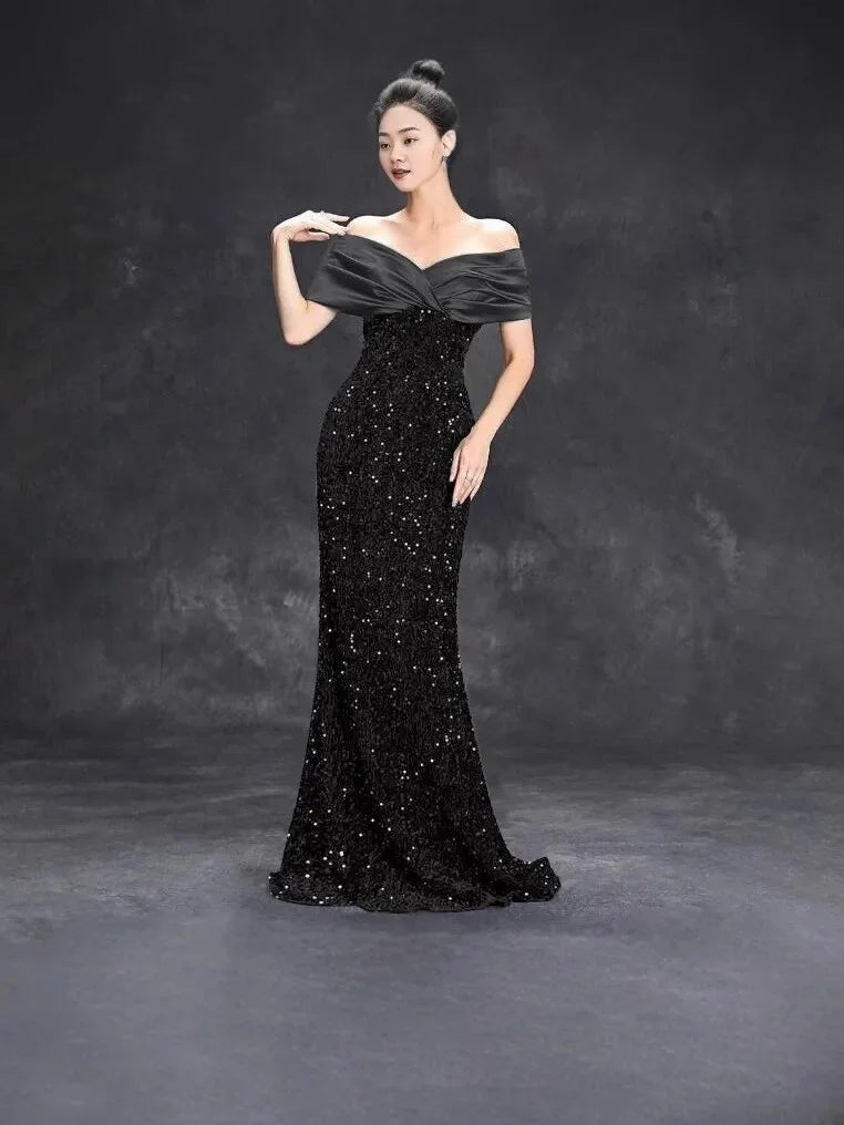 Slim Fit One Shoulder Sequin Evening Gown - A-Line Floor Length Party Dress - JStorehub 