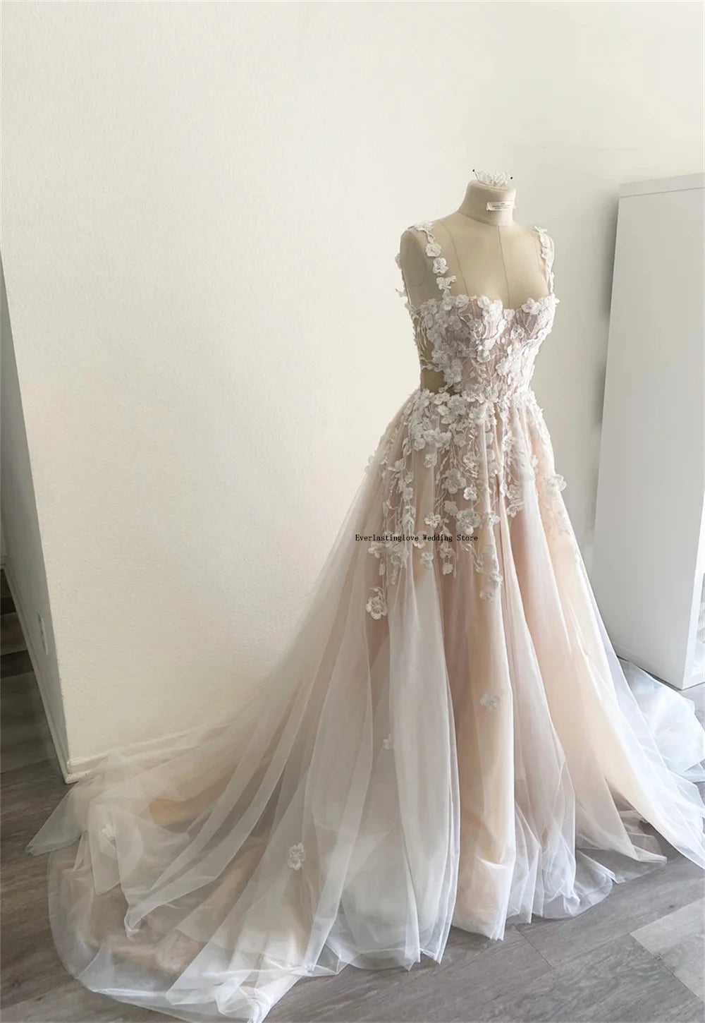 3D Flower Lace Applique Wedding Dress - Two Straps A-Line Bridal Gown 2025 - JStorehub 