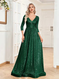 Luxury Blue Sequins V-Neck Long Sleeve Evening Dress - Prom Wedding Gown - SalmanStore 