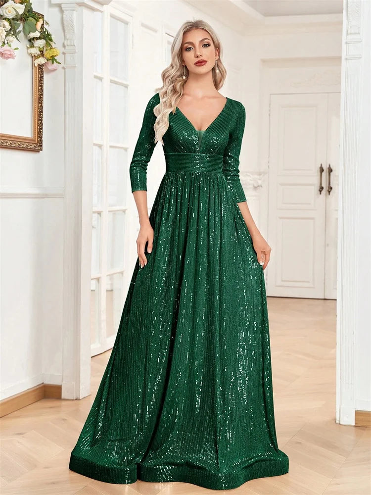 Luxury Blue Sequins V-Neck Long Sleeve Evening Dress - Prom Wedding Gown - SalmanStore 