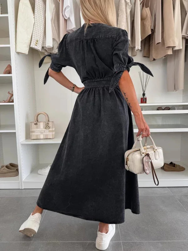 Women Dresses: V Neck Denim Dress - Elegant Style | Salman Store