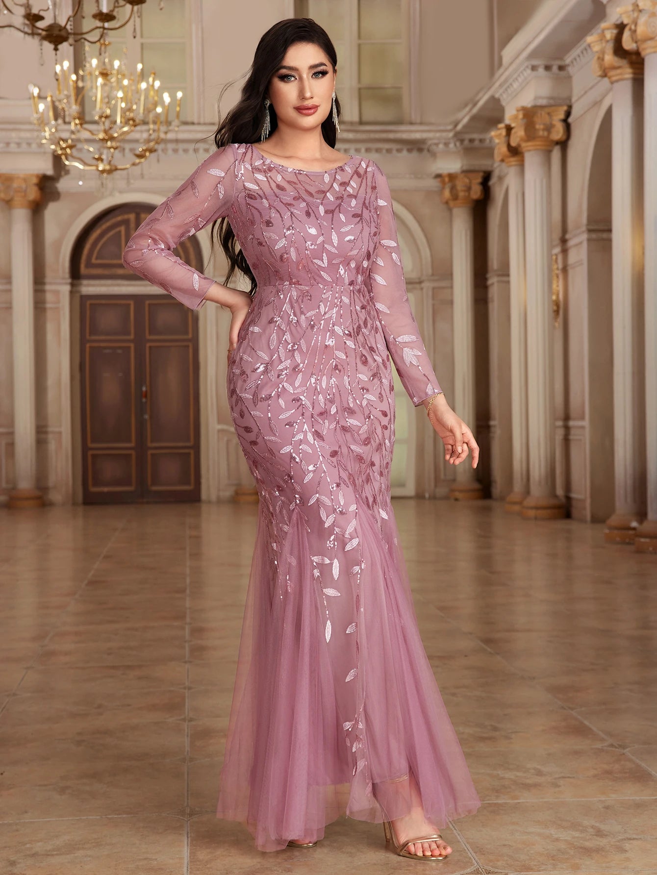 Mermaid Tulle Embroidery Evening Dress - O-Neck Full Sleeve Formal Gown - SalmanStore 