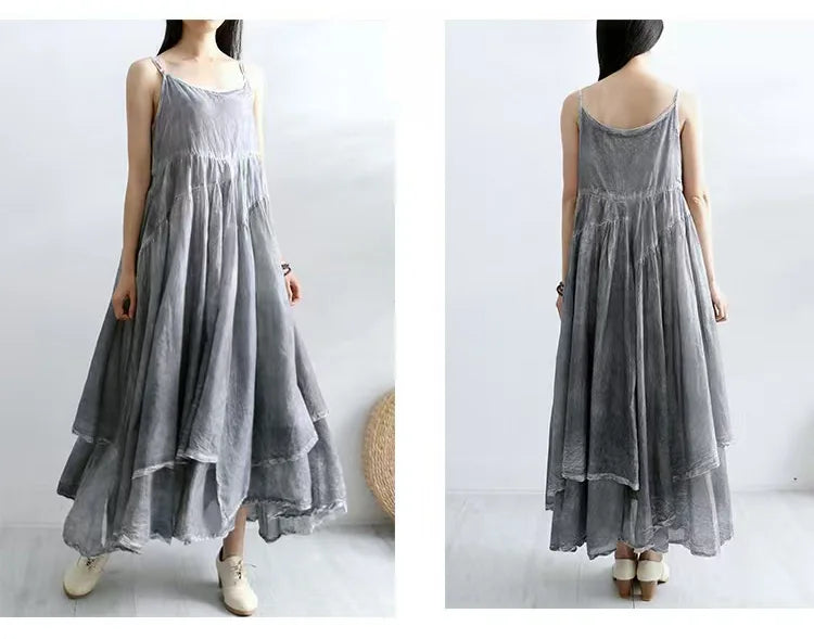 Summer Artistic Double Layer Linen Dress - Asymmetrical Hem Wide Waist - JStorehub 