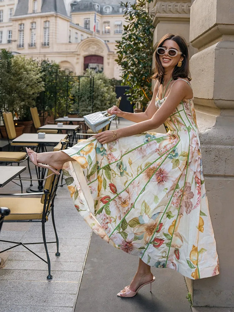 Elegant Printed Flower Women's Dress Contrast Sleeveless Halter Waist-Closed A-Line Lady Dresses Summer Fashion Vacation Robe