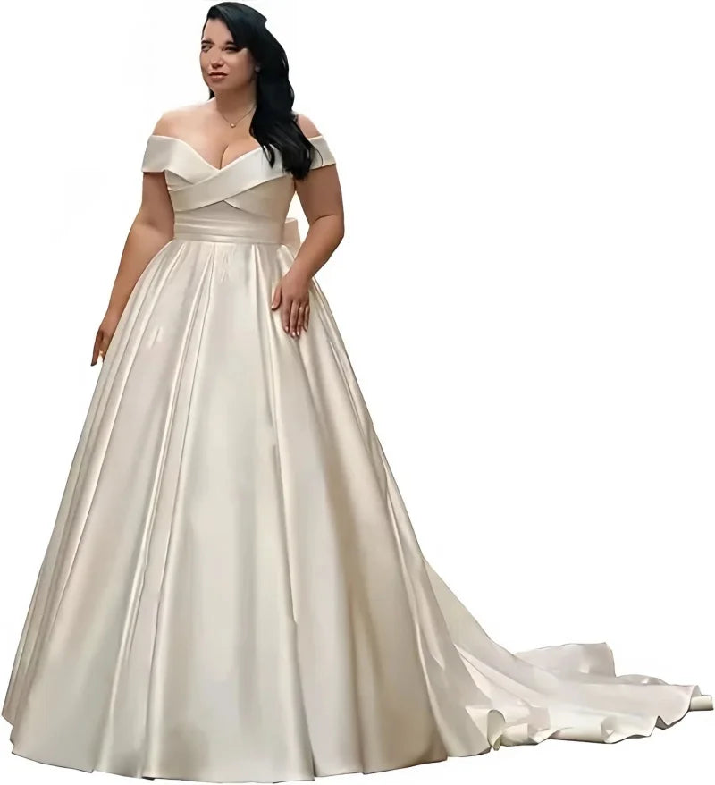 Plus Size Satin Off‑Shoulder Wedding Dress - SalmanStore 