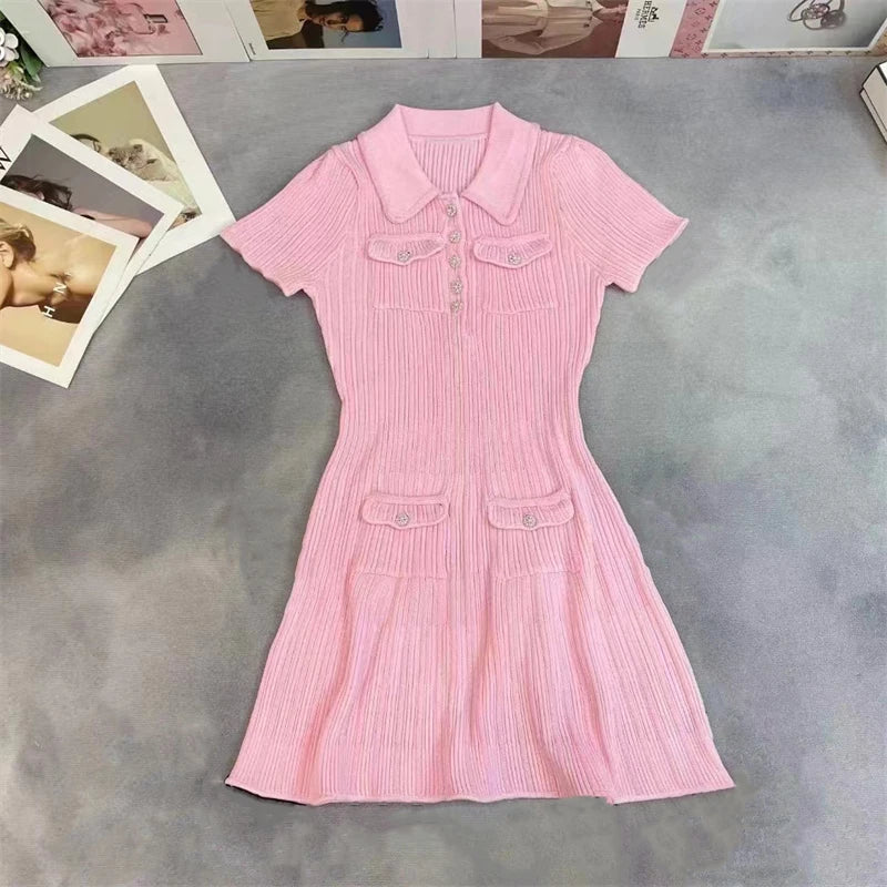 Women Dresses - Polo Neck Knitted Dress Y2K - Salman Store