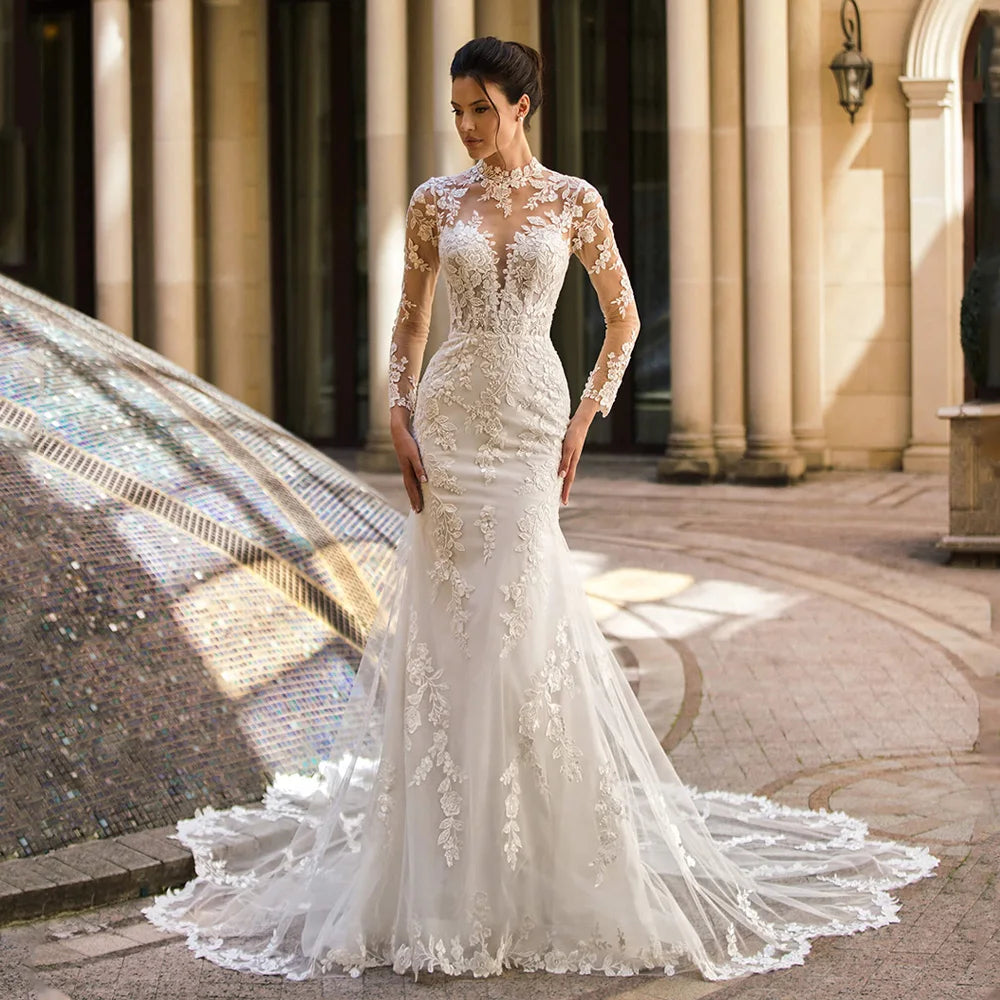 Court Train Mermaid Wedding Dress - Customized Long Sleeve Illusion Lace Bridal Gown - JStorehub 