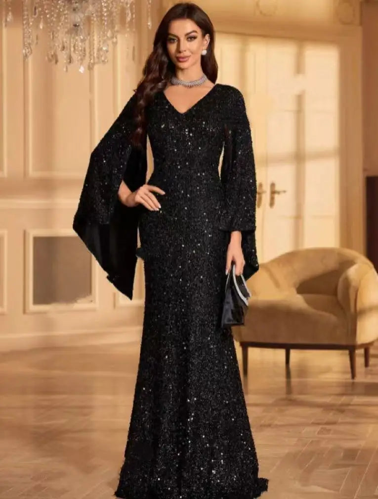 Elegant Chiffon Sequin Evening Dress - Round Neck Flared Cuffs Wedding Gown - JStorehub 