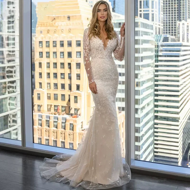 Elegant Long Sleeve V-Neck Mermaid Wedding Dress - 2-in-1 Detachable Tail Bridal Gown - JStorehub 