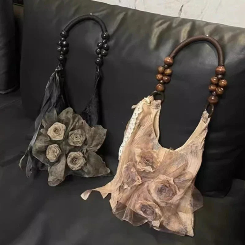 Chinese Style Rose Decor Shoulder Bag - Classic Pleated Commuter Tote Bag - JStorehub 