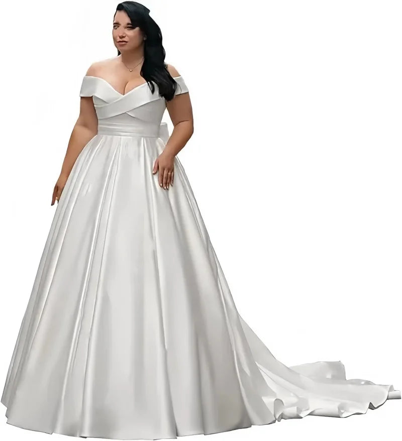 Plus Size Satin Off‑Shoulder Wedding Dress - SalmanStore 