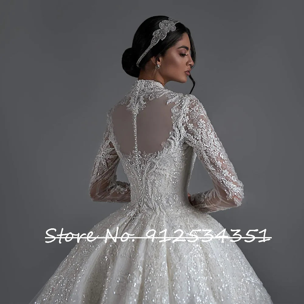 O-Neck Pearls Beaded Ball Gown Wedding Dress - Long Sleeve Shiny Sequins Lace Bridal Gown - JStorehub 