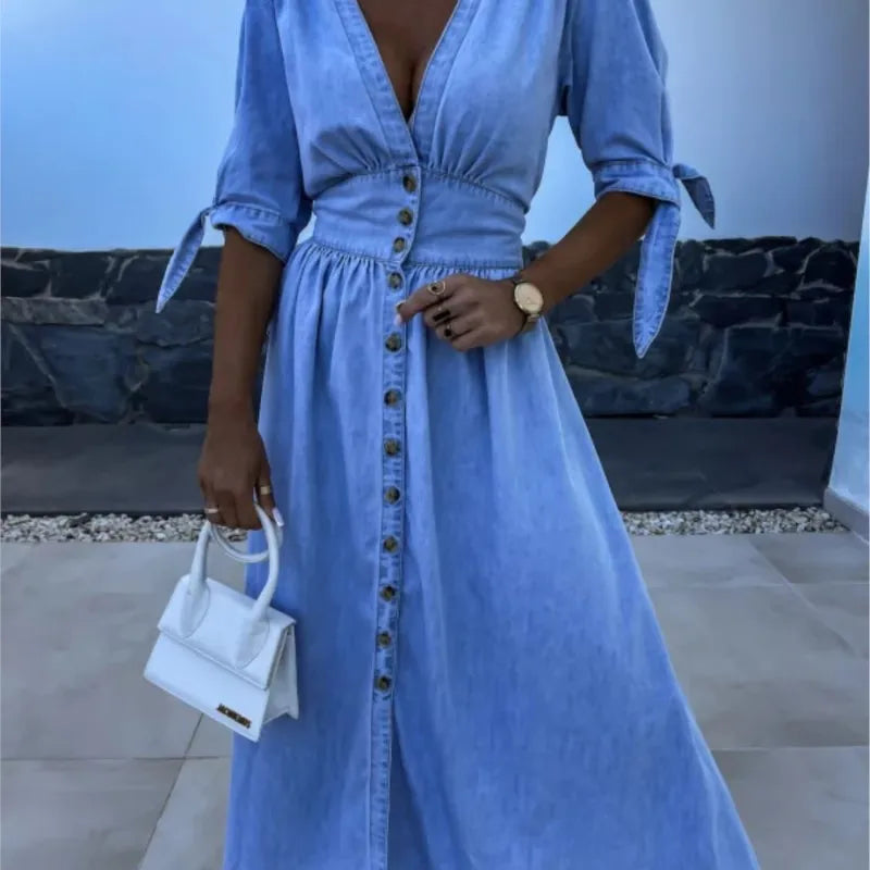 Women Dresses: V Neck Denim Dress - Elegant Style | Salman Store