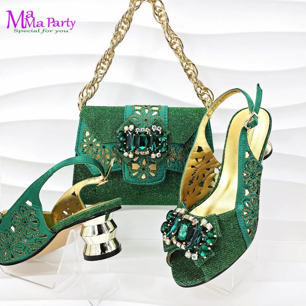Wine Color Italian Design Shoes & Bag Set - Mid Heels with Crystal for Wedding - JStorehub 
