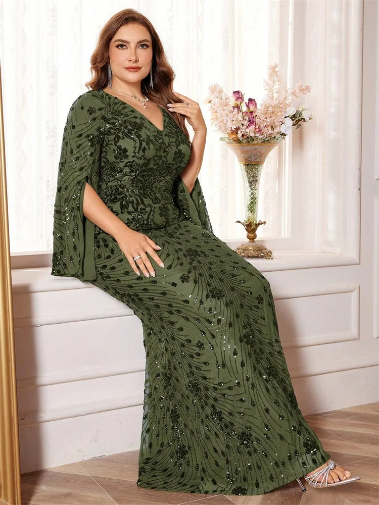 Plus Size Gold Sequin Mermaid Evening Dress - Long Sleeve Formal Prom Gown - SalmanStore 
