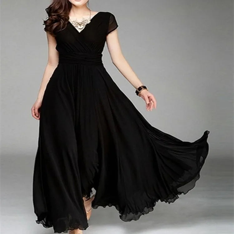 Women's Short Sleeve Chiffon Evening Dress - Bohemian Party Long Gown - JStorehub 