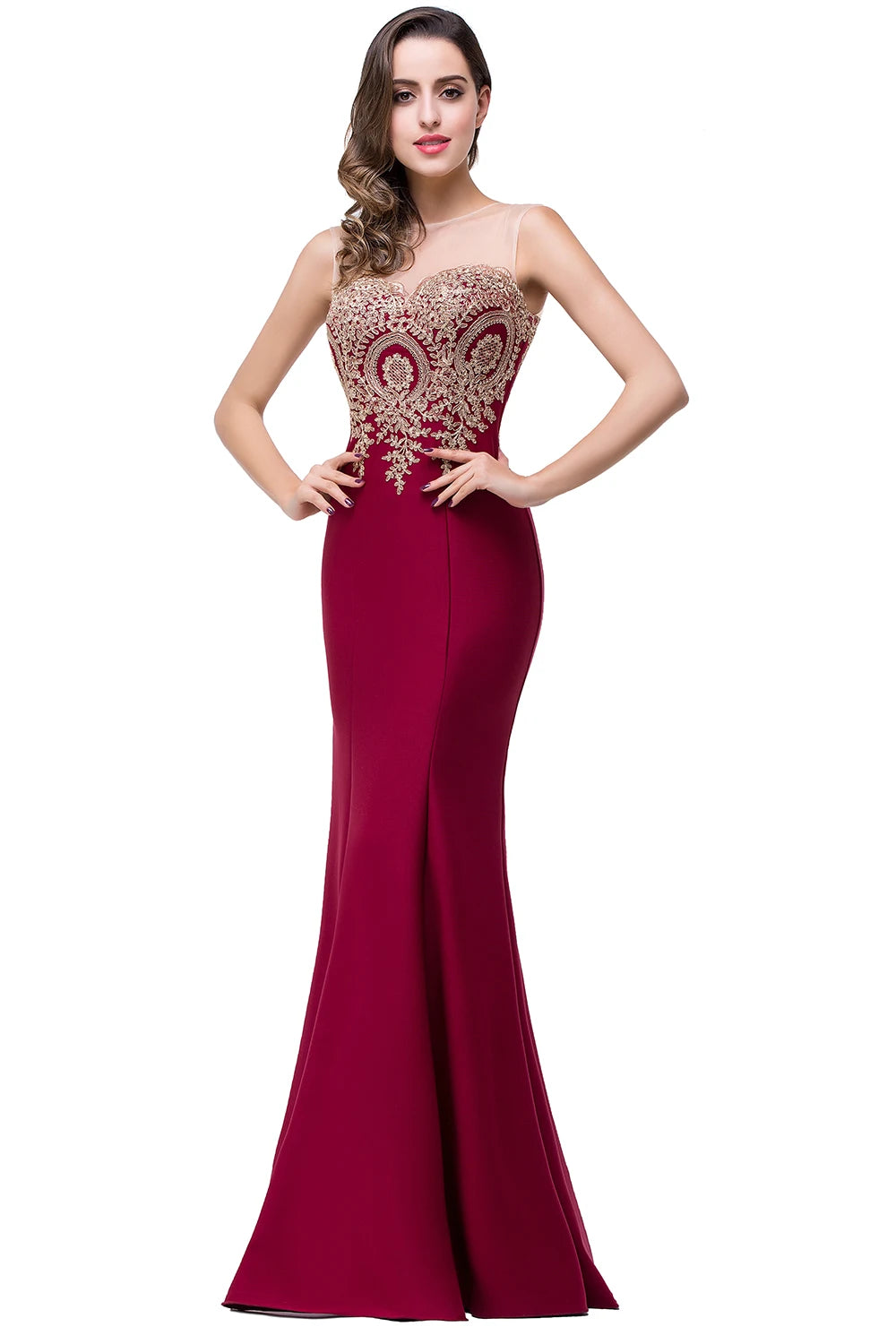 Golden Appliques Lace Mermaid Evening Dress - Sweetheart Illusion Prom Gown - SalmanStore 