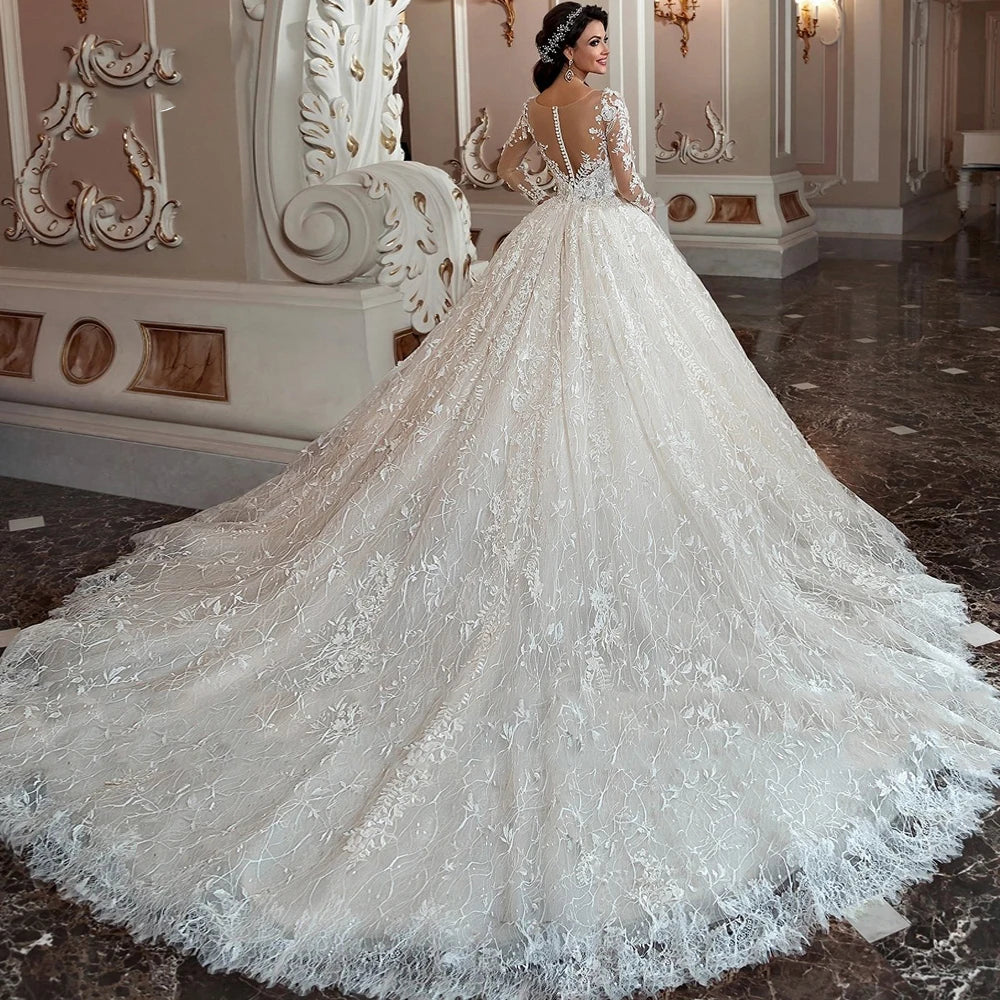 Luxury Embroidered Lace Ball Gown Wedding Dress - O-Neck Full Sleeve Bridal Gown - JStorehub 