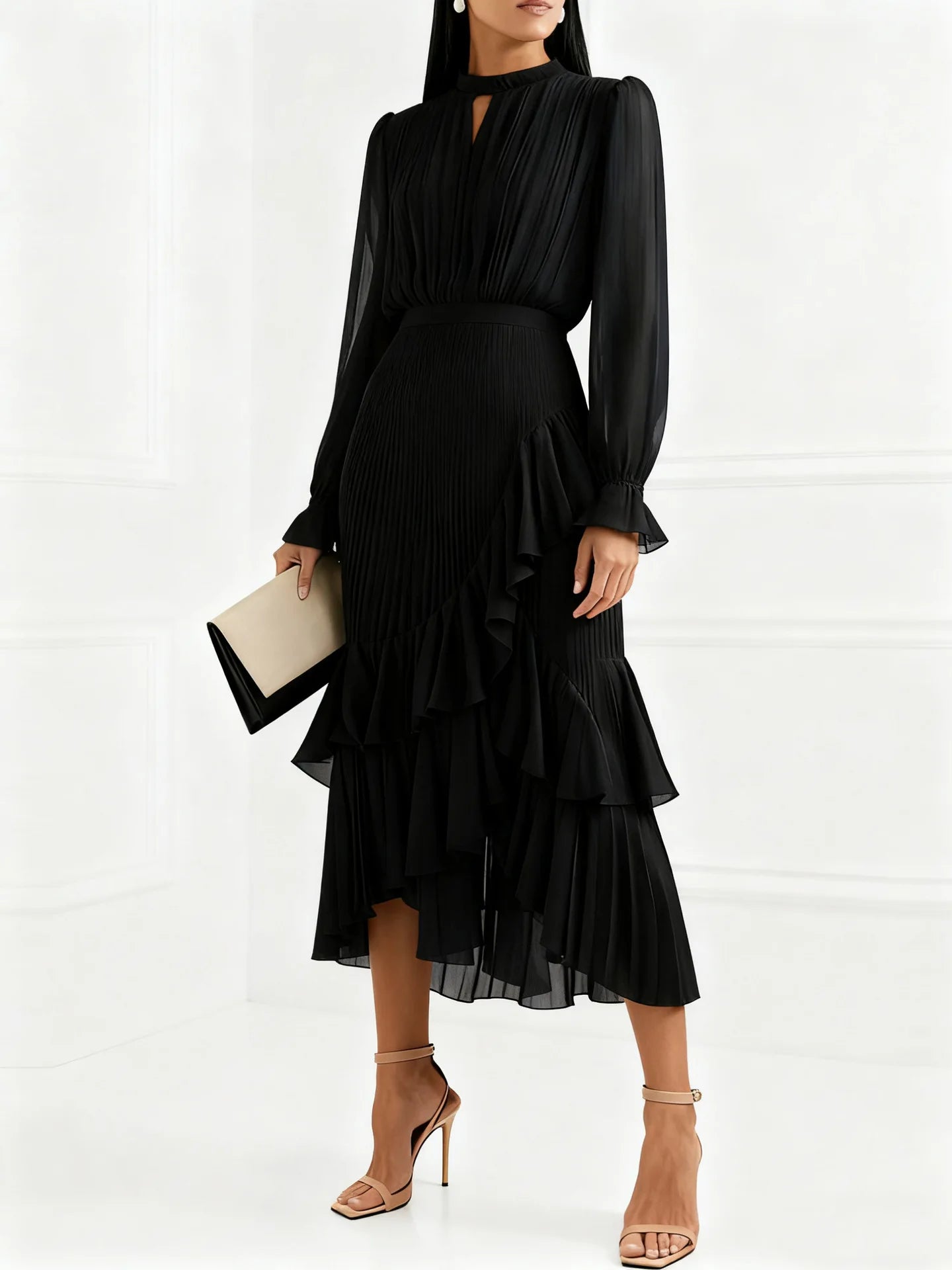 Ruffle Long Sleeve Layered A-Line Dress - Chic Spring Summer Pleated Gown - SalmanStore 