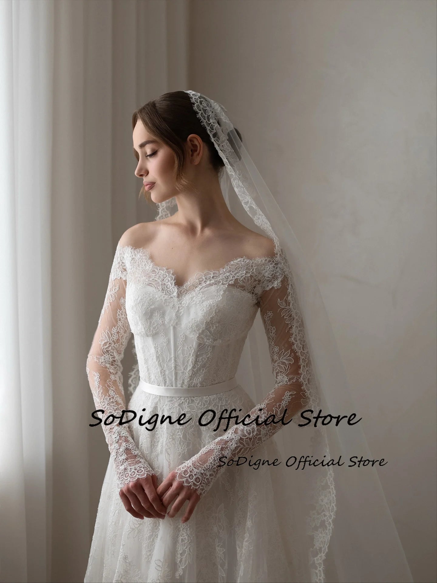 A-Line Off-Shoulder Lace Wedding Dress 2026 - Long Sleeve Boho Bridal Gown - JStorehub 