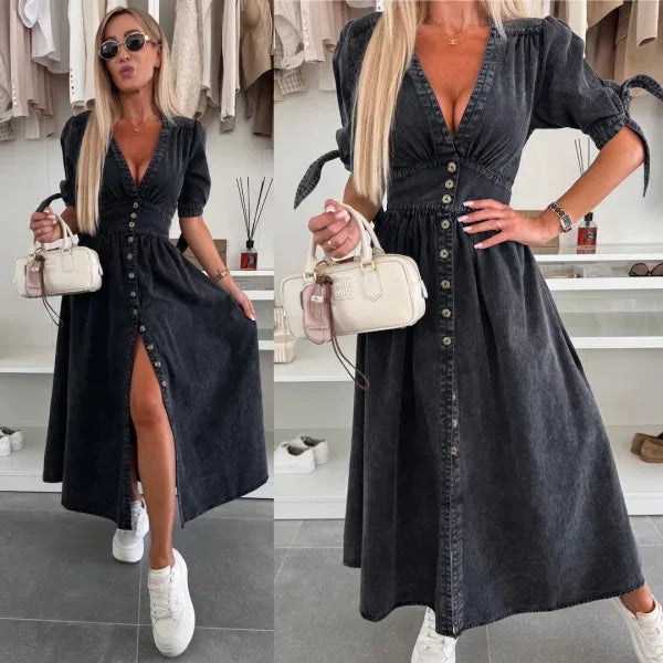 Women Dresses: V Neck Denim Dress - Elegant Style | Salman Store