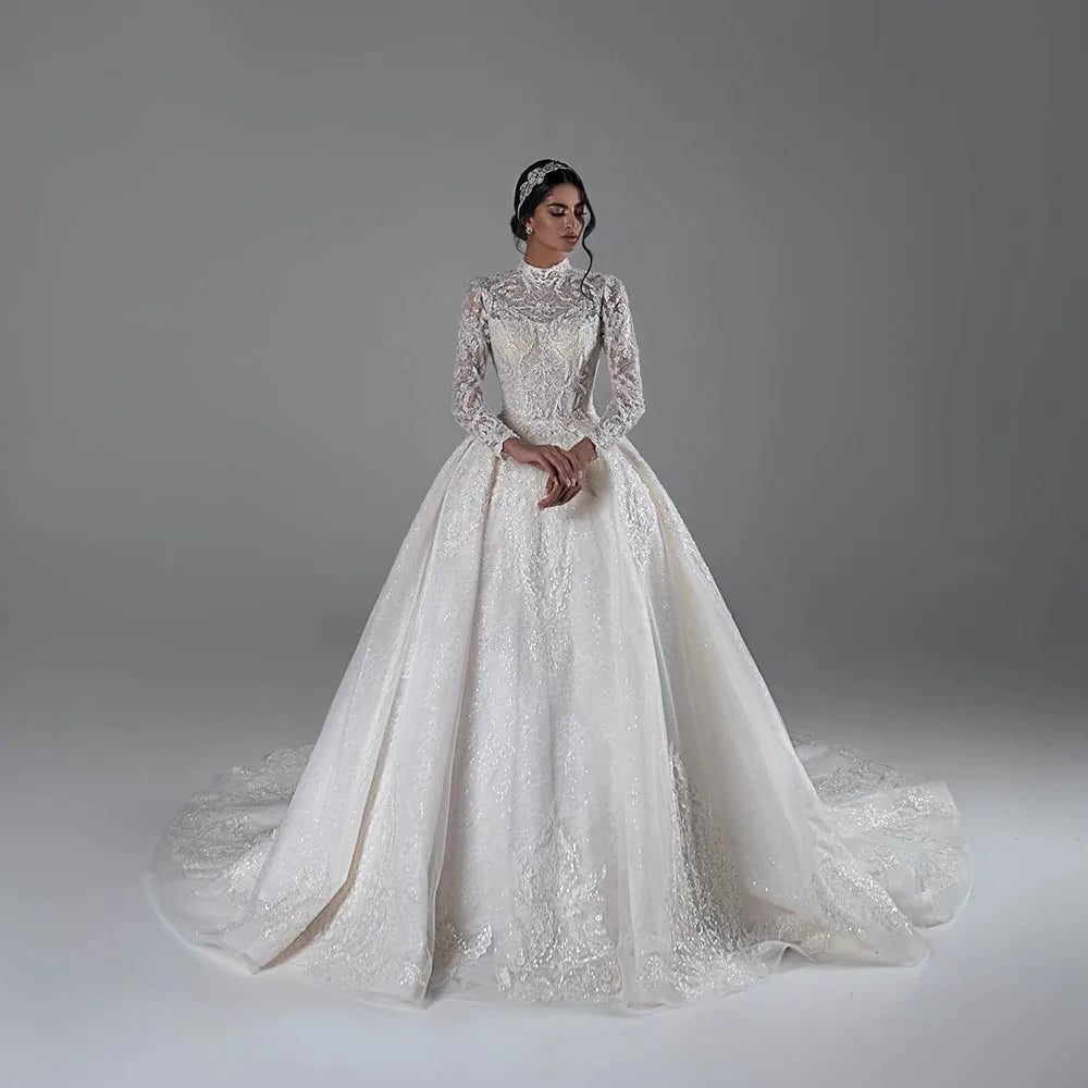 O-Neck Pearls Beaded Ball Gown Wedding Dress - Long Sleeve Shiny Sequins Lace Bridal Gown - JStorehub 
