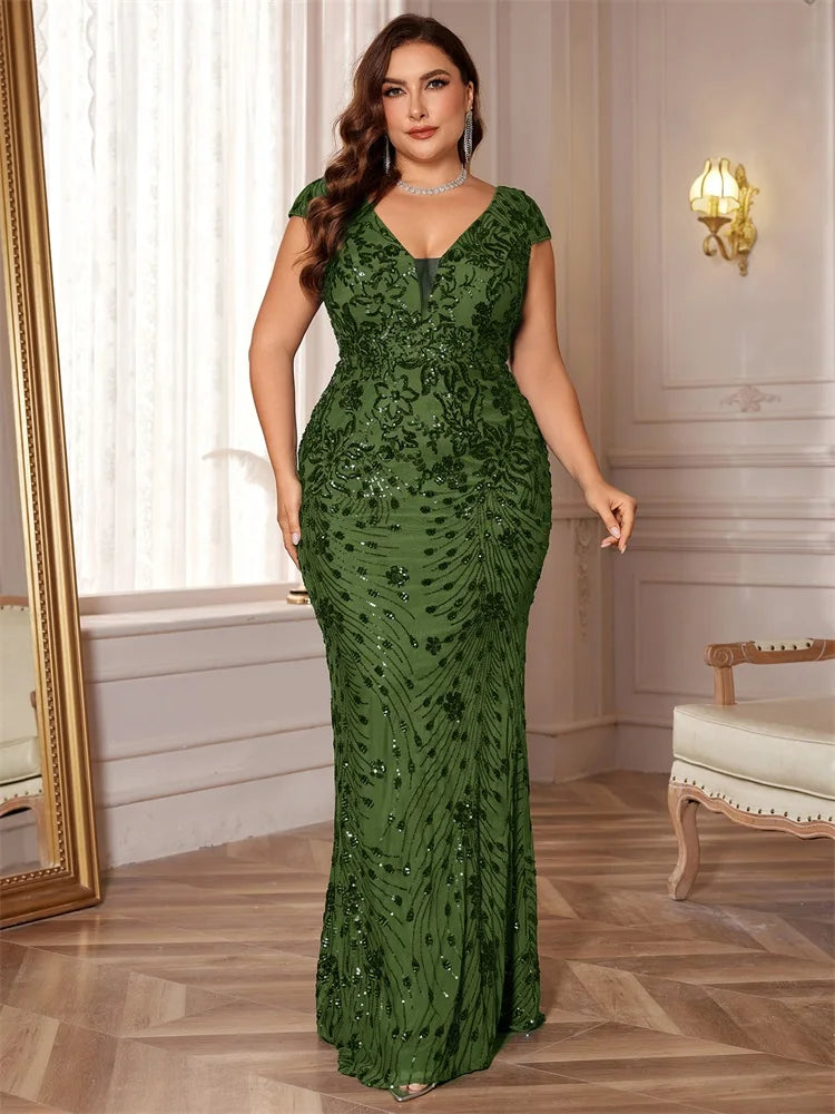 Plus Size Blue Sequin Mermaid Evening Dress - Long V-Neck Formal Prom Gown