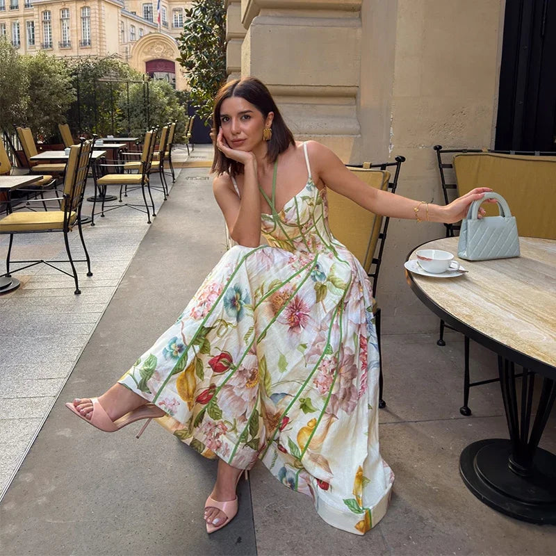 Elegant Printed Flower Women's Dress Contrast Sleeveless Halter Waist-Closed A-Line Lady Dresses Summer Fashion Vacation Robe