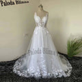 Spaghetti Straps Glitter Wedding Dress - V-Neck Applique Backless Boho Gown - JStorehub 