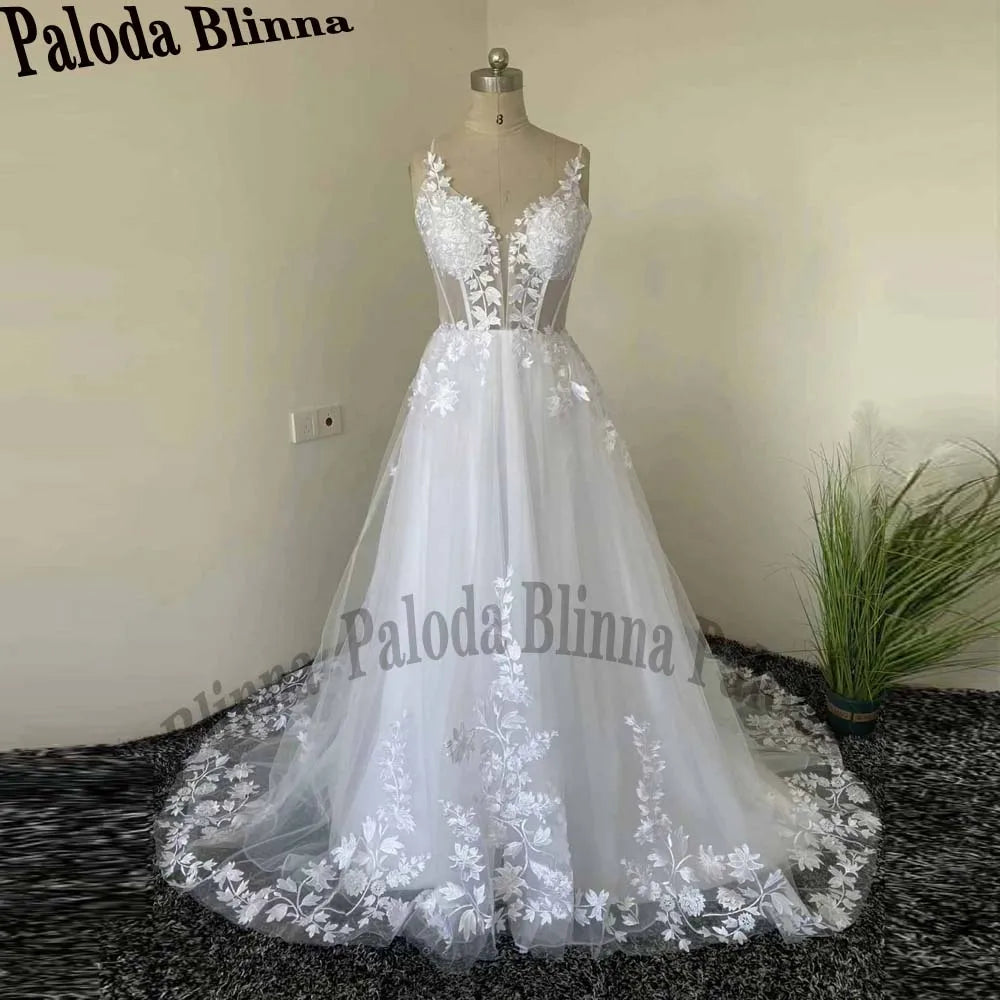 Spaghetti Straps Glitter Wedding Dress - V-Neck Applique Backless Boho Gown - JStorehub 
