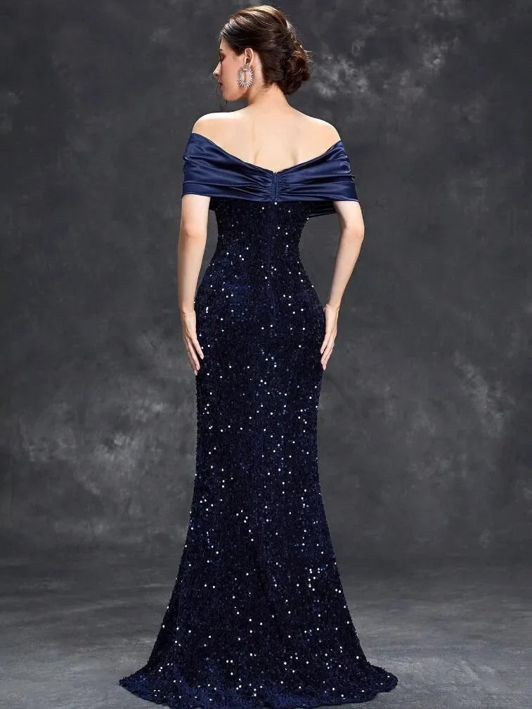 Slim Fit One Shoulder Sequin Evening Gown - A-Line Floor Length Party Dress - JStorehub 
