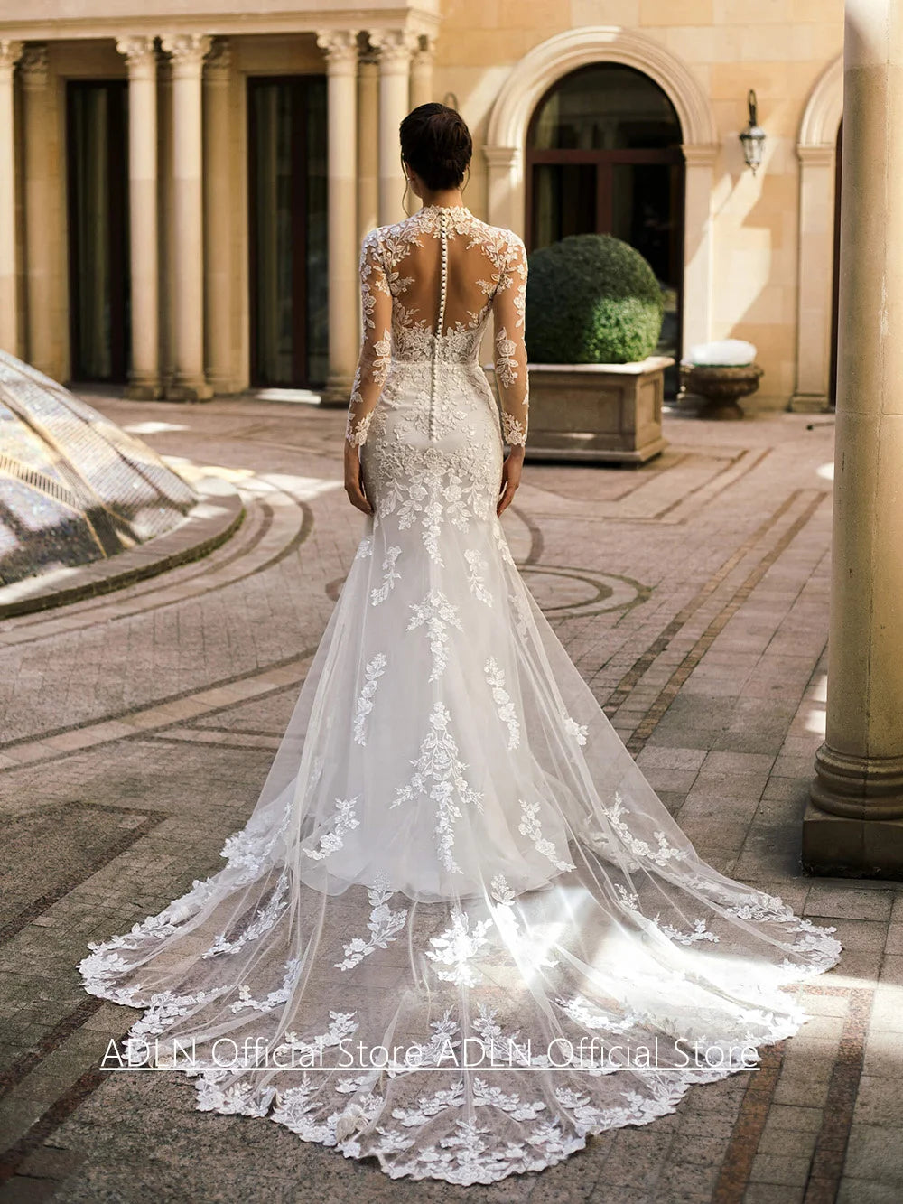 Court Train Mermaid Wedding Dress - Customized Long Sleeve Illusion Lace Bridal Gown - JStorehub 