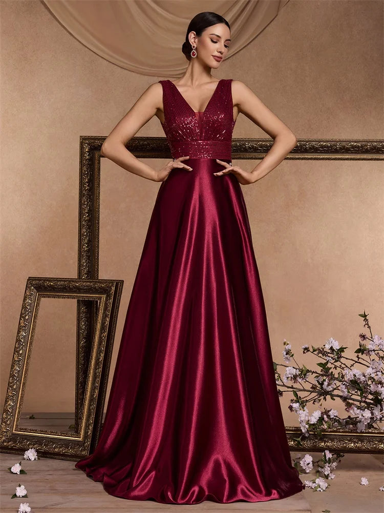 Elegant Sequin Evening Dress for Women - Deep V-Neck Satin Prom Gown 2024 - JStorehub 
