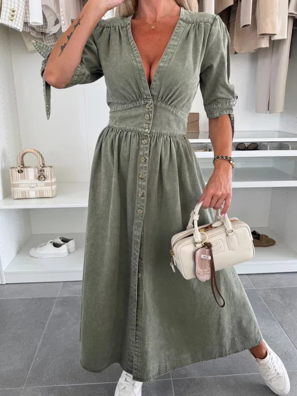 Women Dresses: V Neck Denim Dress - Elegant Style | Salman Store