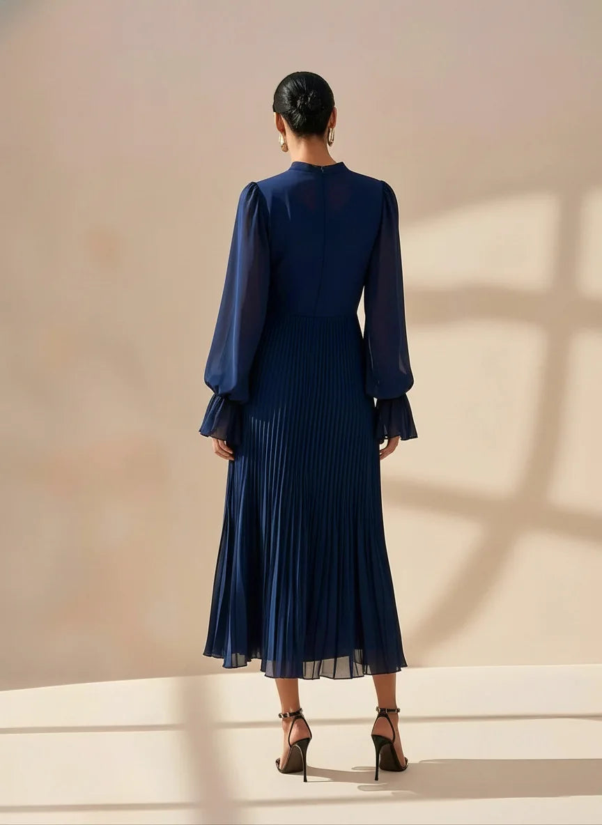 Ruffle Long Sleeve Layered A-Line Dress - Chic Spring Summer Pleated Gown - SalmanStore 