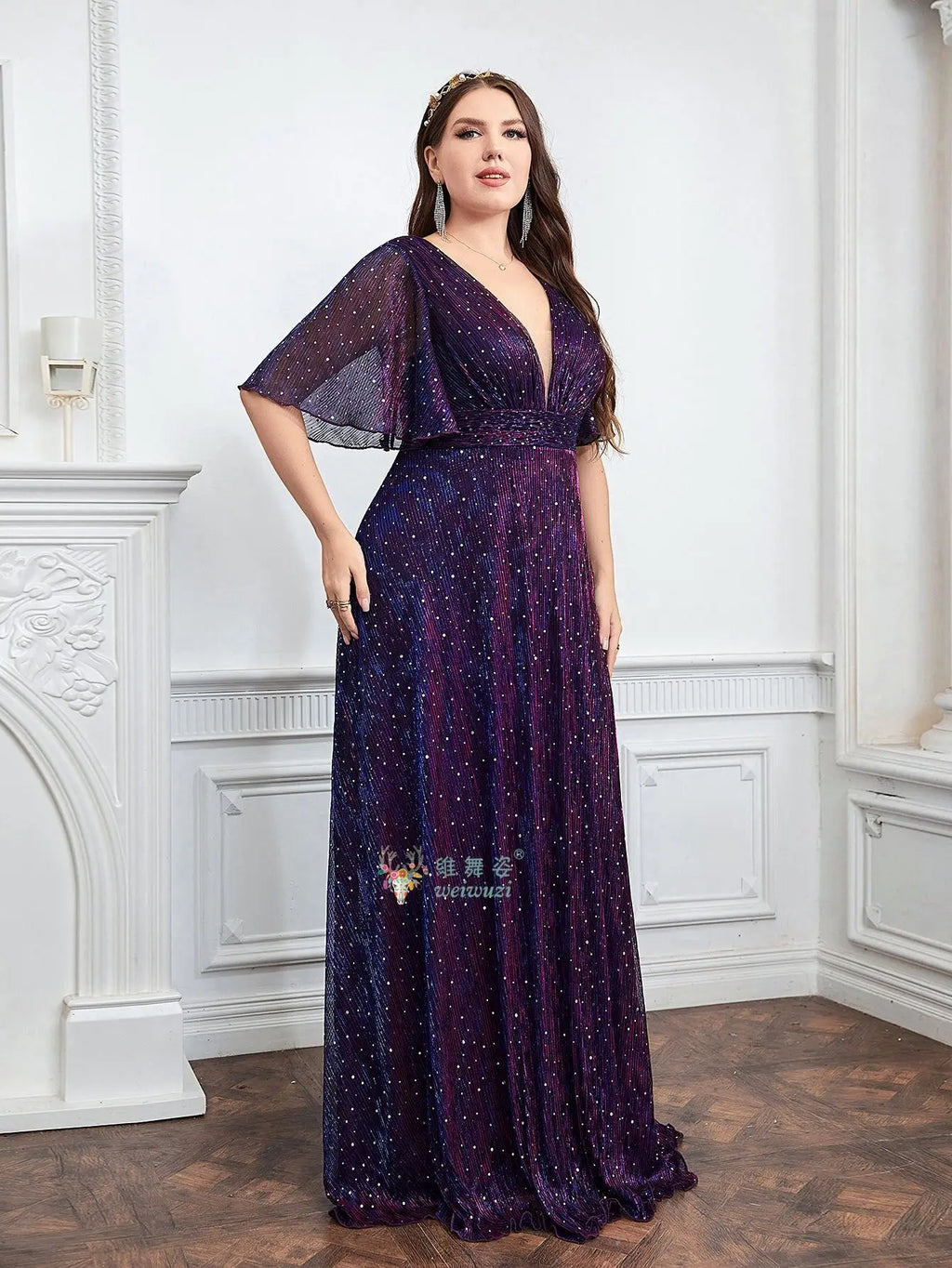 Plus Size Purple A-Line Evening Dress - Deep V-Neck Waist Cinched Rhinestone Gown - JStorehub 