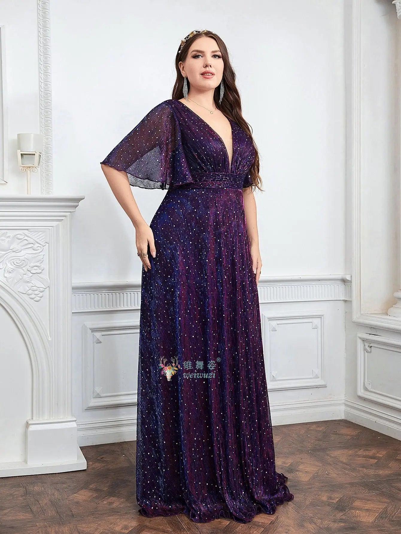 Plus Size Purple A-Line Evening Dress - Deep V-Neck Waist Cinched Rhinestone Gown - JStorehub 
